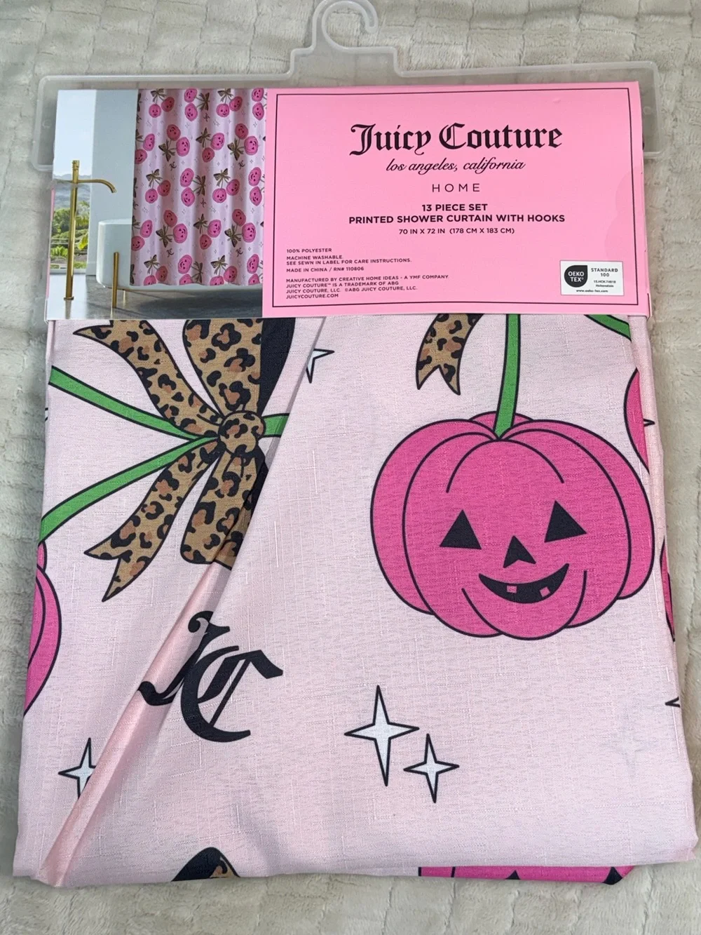 Juicy Couture Pinkoween Pumpkin Leopard Bow Shower Curtain Y2K Halloween NWT